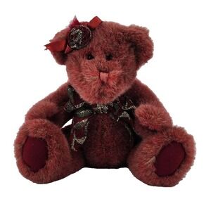Dan Dee Wind UP Teddy Bear 8in Burgundy Plush Rose Bow Collector Choice EUC